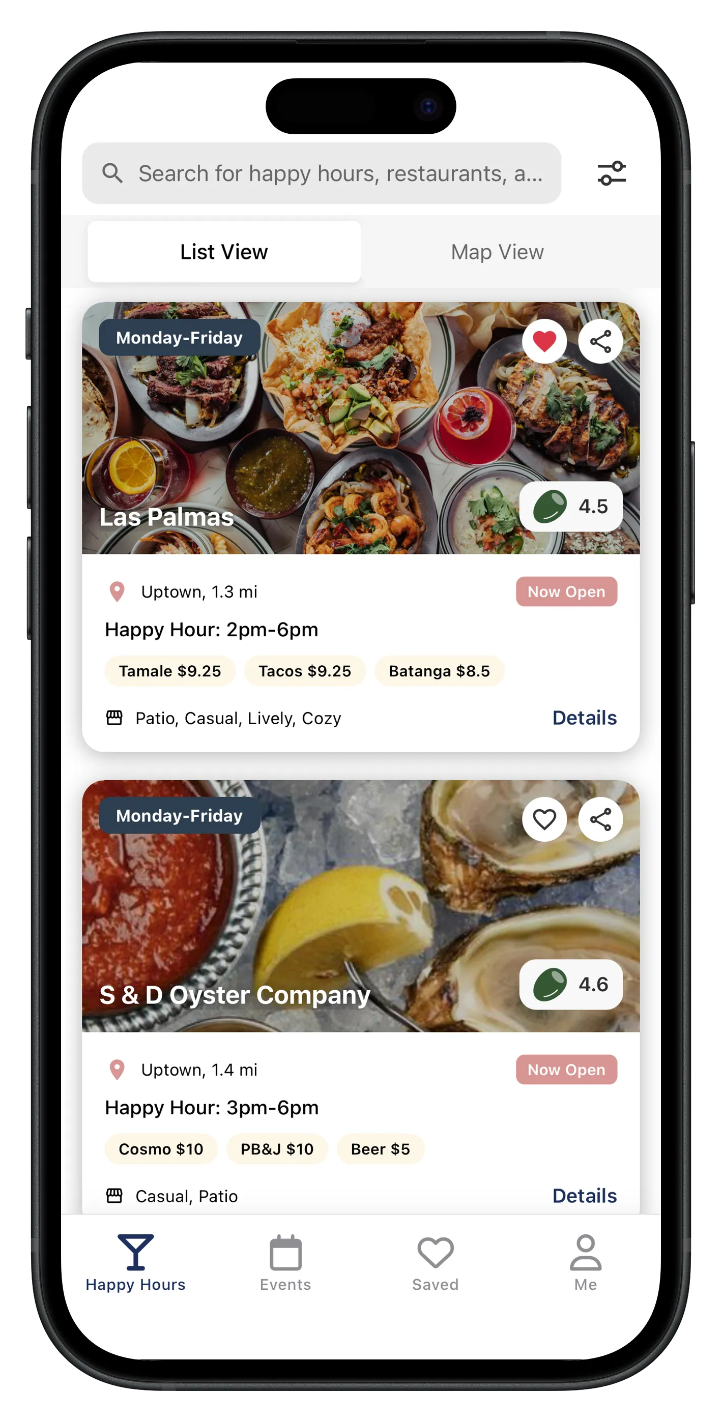 SipScout list view of happy hour deals